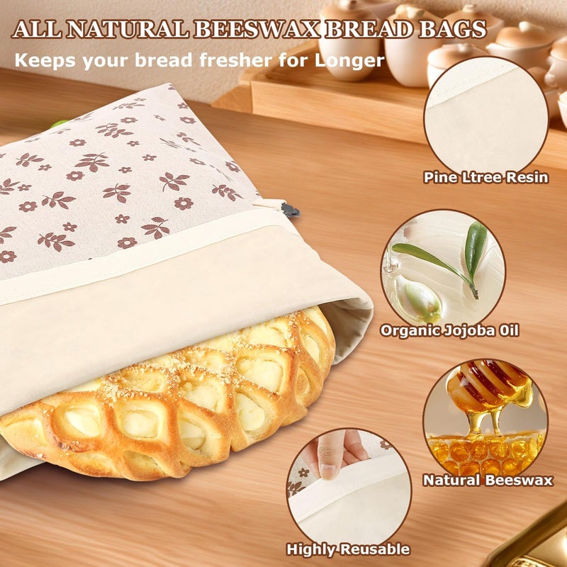 Vakeen Beeswax Bread Bags, Reusable Linen Organic Beeswax Bread Bags for Sourdough, Keep Freshand and Large Capacity Sourdough Loaf Bag, Coffee Leaf Print Design Storage Bag for Gift - Image 2